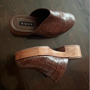 Aqua Brown Crocodile Leather Clogs with Wooden Platform, Size 6.5